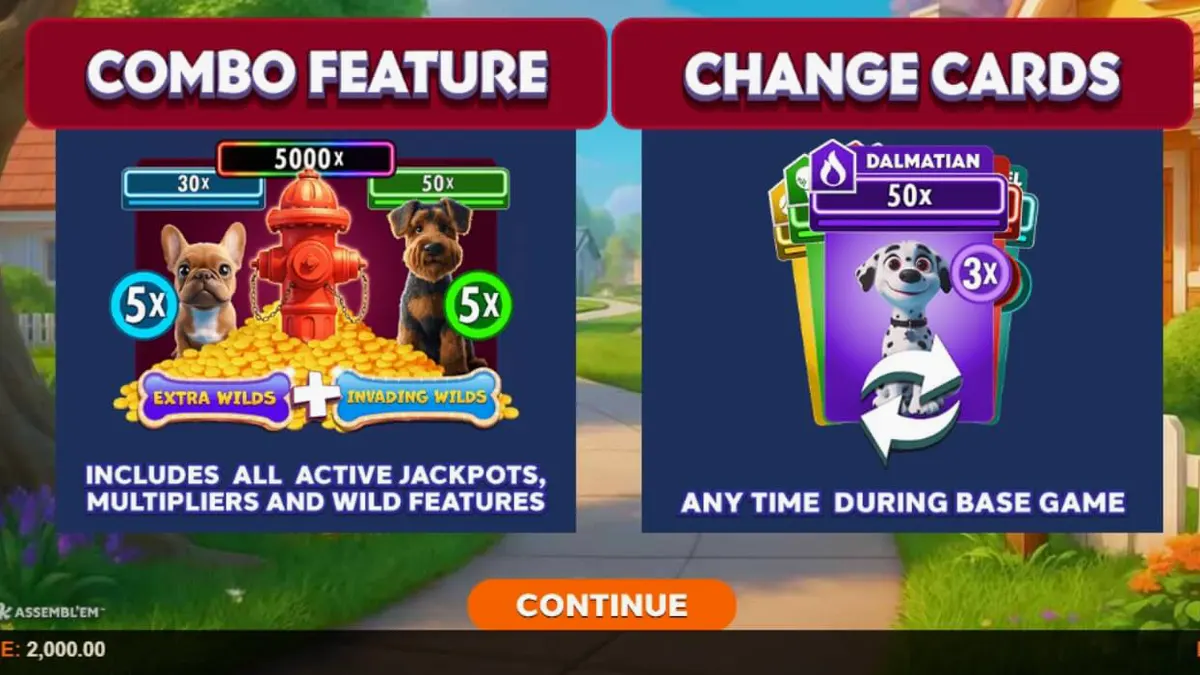 Tampilan visual slot Paw Pack Assembl’Em dengan karakter anjing kartun yang ceria