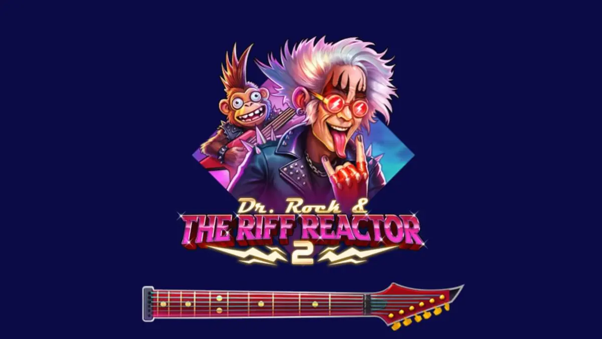 Tampilan visual slot Dr. Rock & the Riff Reactor 2 dengan nuansa neon dan karakter ilmuwan rockstar.
