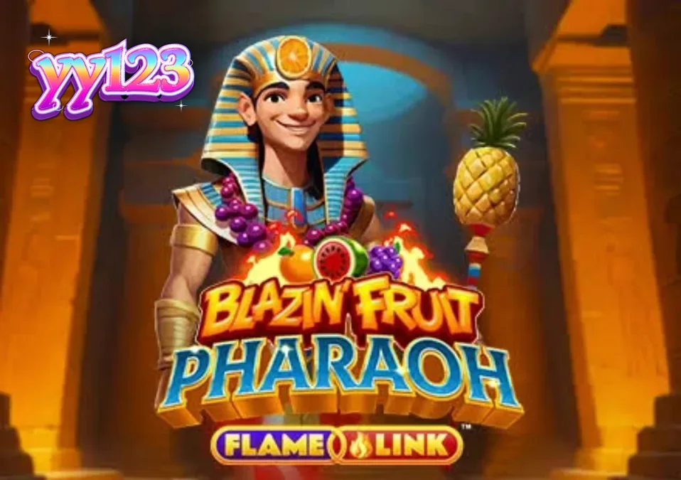 Tampilan visual slot Blazin’ Fruit Pharaoh FlameLink™ dengan simbol buah dan elemen Mesir Kuno